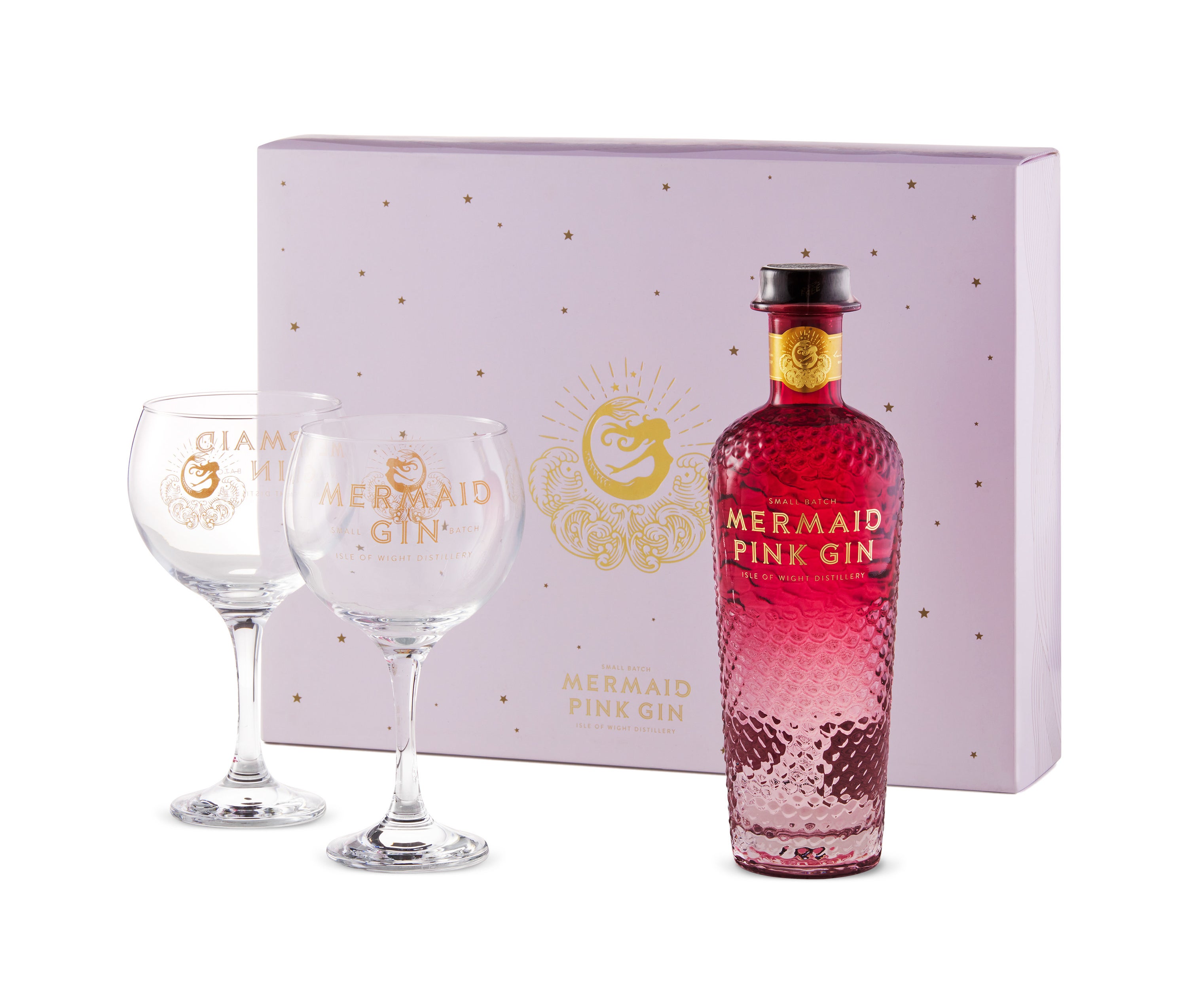 The pink gin next to two large stemmed glasses