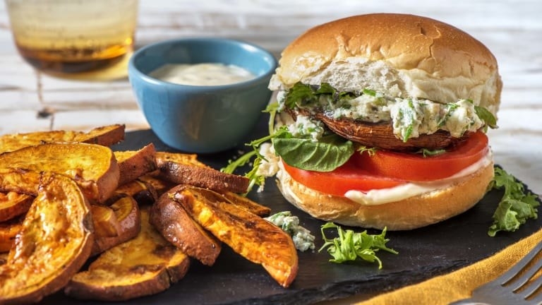 The portobello burger with sweet potato wedges