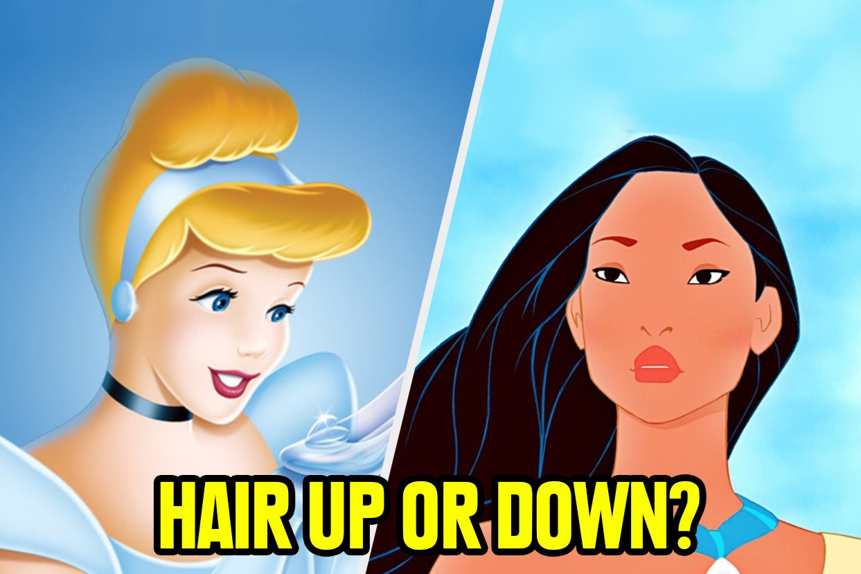 Cinderella with her hair up and Pocahontas with her hair down