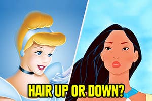 Cinderella with her hair up and Pocahontas with her hair down
