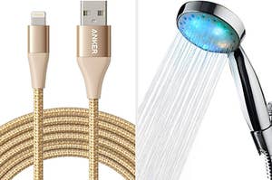 On the left, gold USB charging cable. On the right, silver showerhead with lights on top