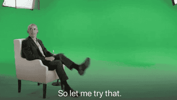 Obama shaking his legs against the green screen and saying, &quot;So let me try that&quot;