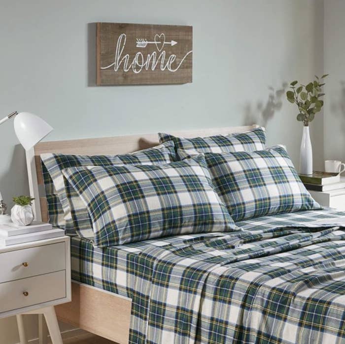 The Scottish plaid sheets in green plaid
