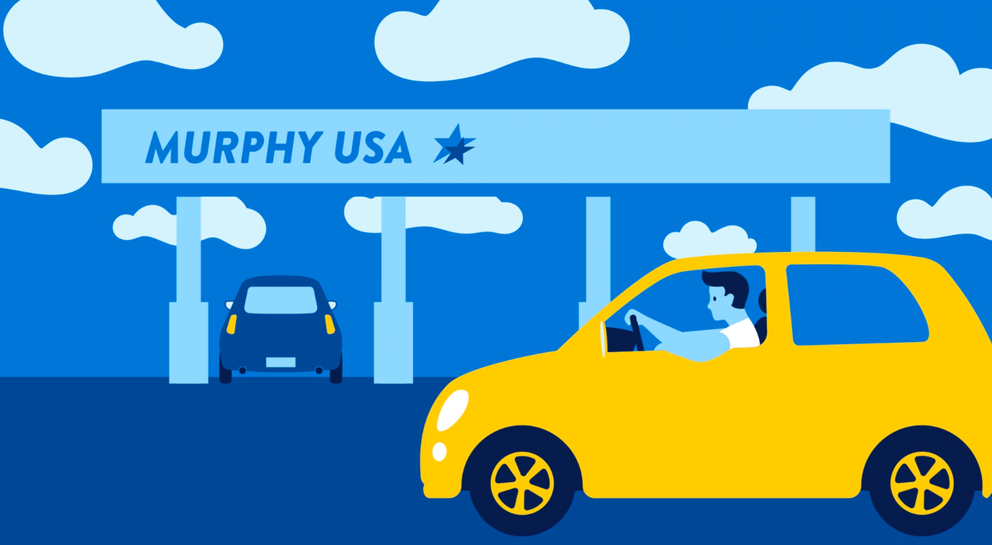 Graphic illustrating a person pulling up to a Murphy USA fuel station in their vehicle 