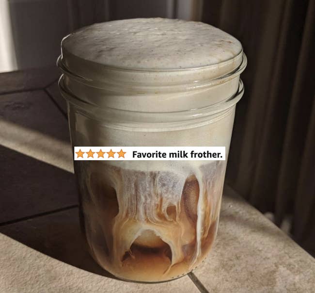 reviewer's coffee in a mason jar with text 