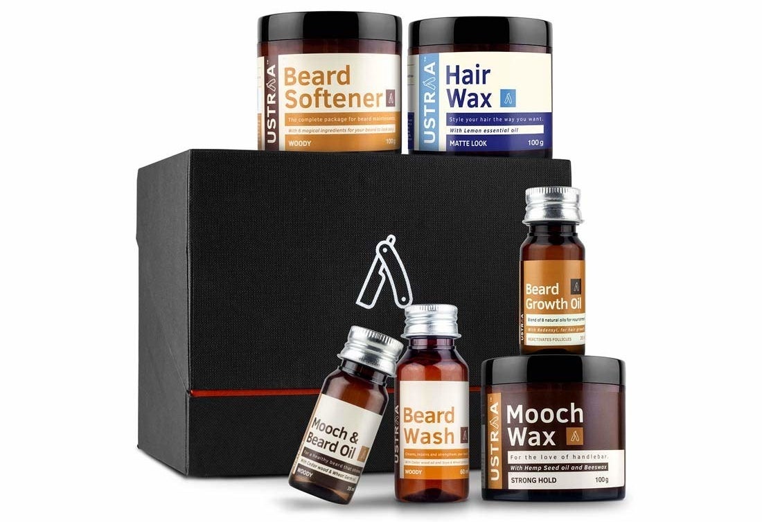 A kit that includes a Beard Softener, Hair Wax, Mooch and Beard Oil, Beard Wash, Beard Growth Oil, and Mooch Wax