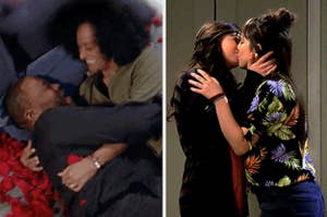 Side-by-side images of Dre and Bow looking into each others' eyes in