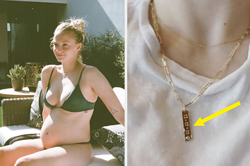 Sophie Turner smiling while pregnant next to an image of her new necklace