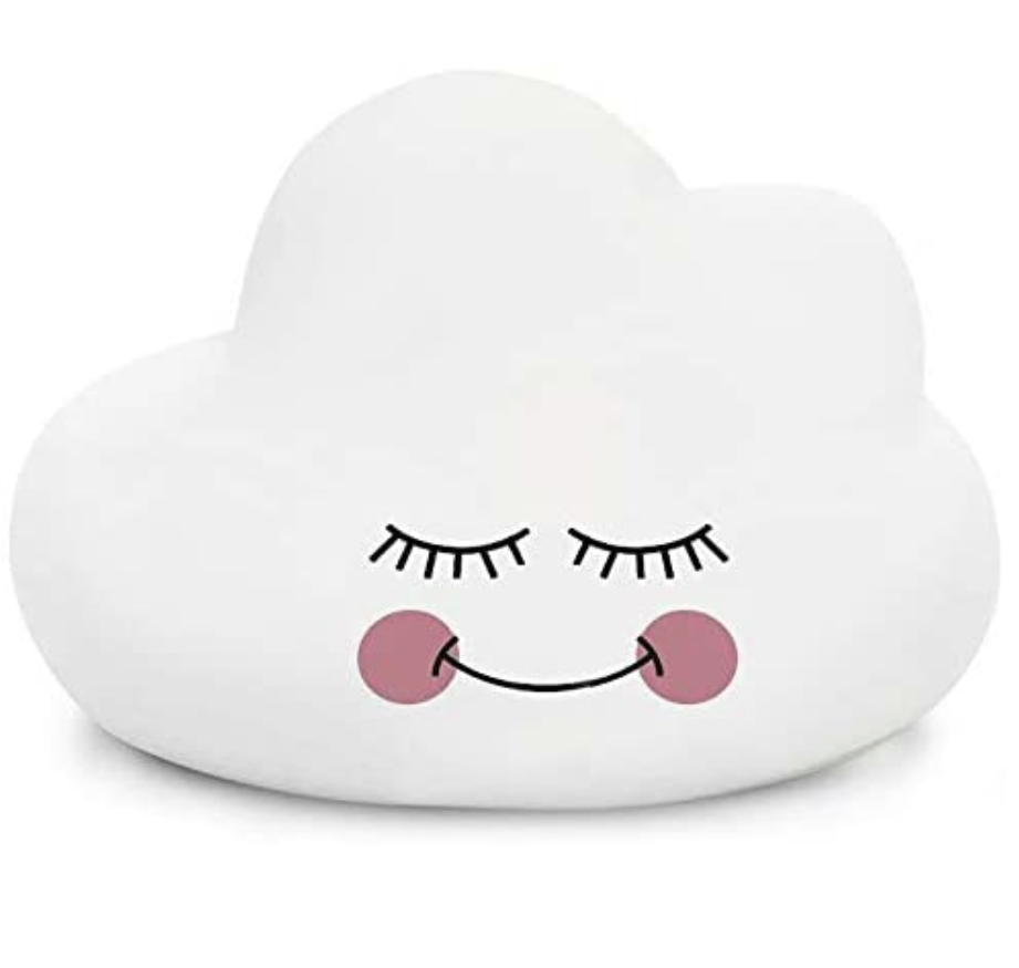 A silicone hand-sized cloud of white color with a design of closed eyes, a smile, and rosy cheeks