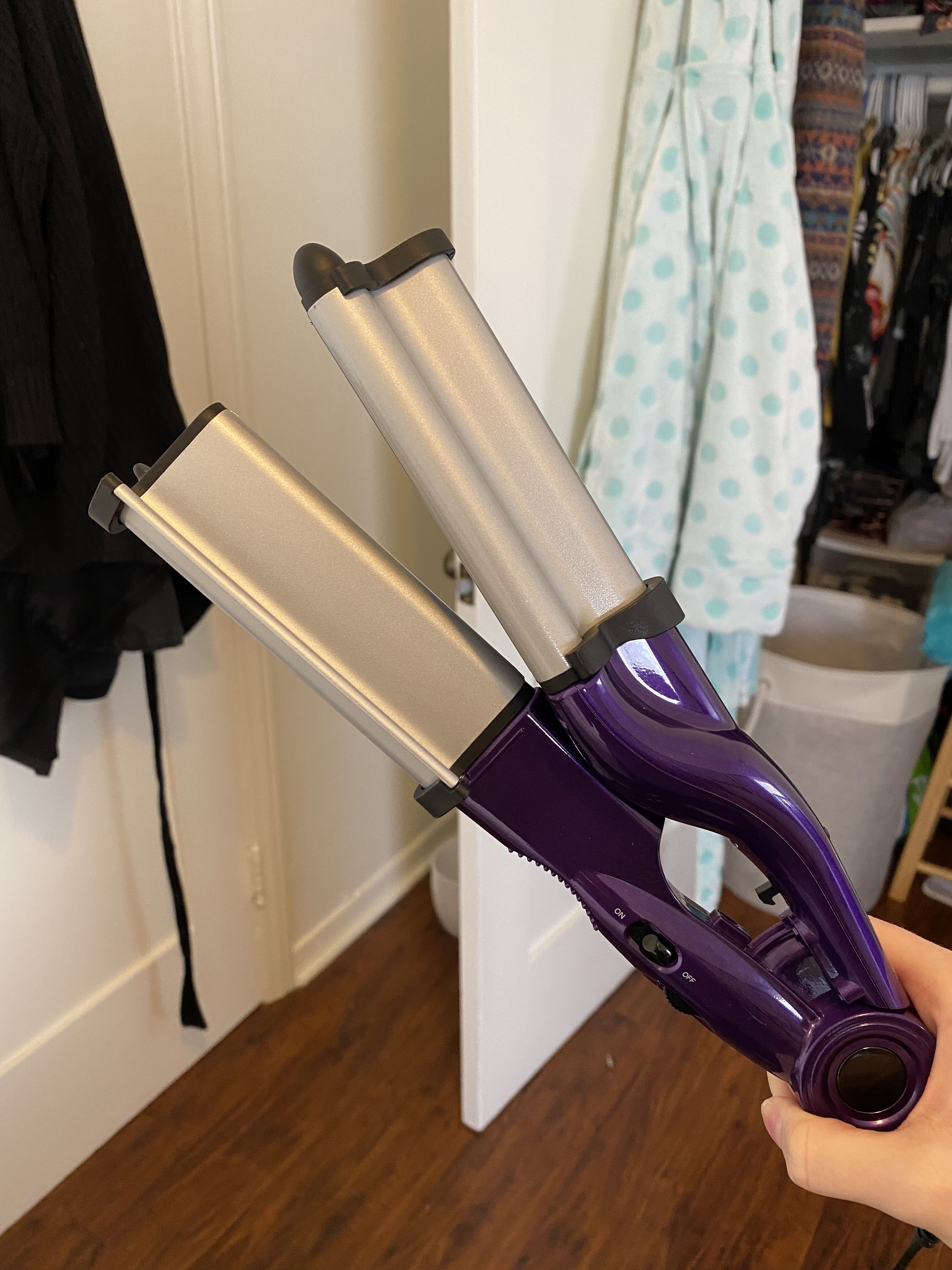 The Bed Head waver with the clamps open. One iron plate has a bump shaped like an upside-down &quot;U&quot;, and the other plate has an arch shaped like an upside down &quot;U&quot; so the plates that can perfectly fit together and style the hair