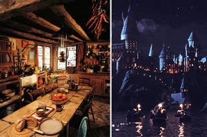 （左）洞穴餐桌上的舒适镜头，上面放了面包和菜肴；（右）一夜之间，霍格沃茨（Hogwarts）驶向船只