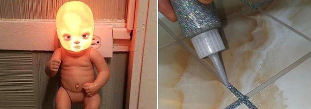 A baby doll head turned into a nightlight, and glitter filling in the crevices of bathroom tiles