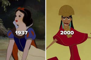a side-by-side of Snow White and Kuzco from 