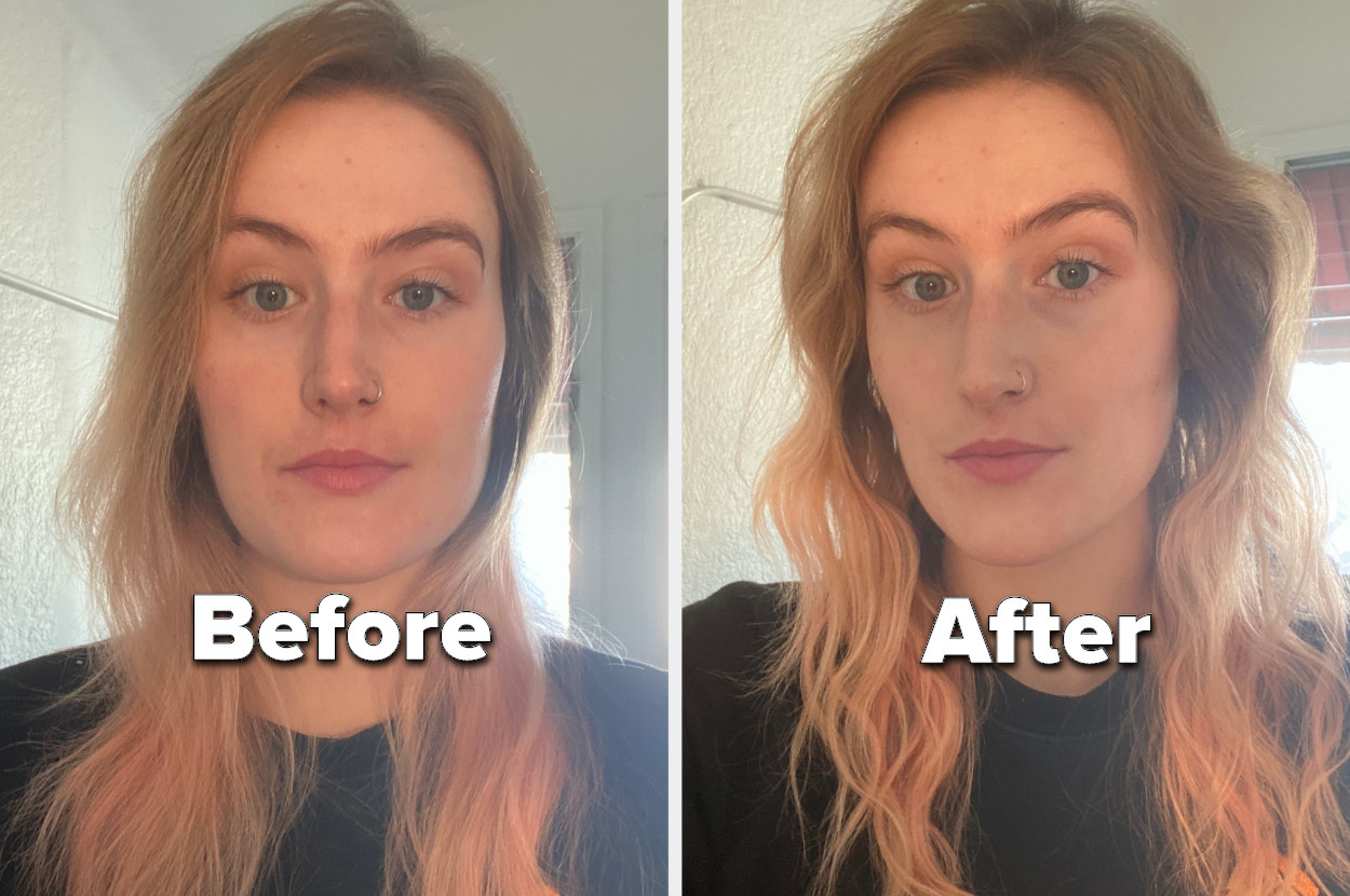 A photo of me with straight,  undone hair with the text &quot;before&quot; and a photo of me with soft &quot;S&quot; waves from the mermade pro with the text &quot;after&quot;