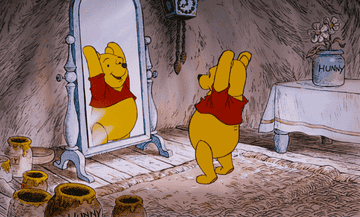 A GIF of Winnie the Pooh bowing in front of a mirror