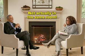 Barack Obama and Oprah with the caption "Not actually in the same room!"