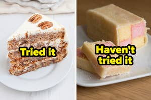 Carrot cake labeled "tried it" and Battenberg cake labeled "haven't tried it"
