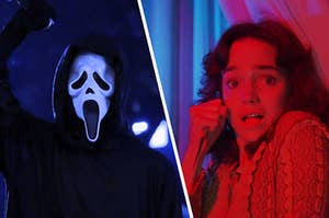 Ghostface next to the main character from Suspiria bathed in warm light