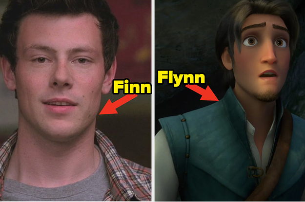 Cory Monteith as Finn Hudson in the show "Glee" and Flynn Rider gazes into the distance in the movie "Tangled."