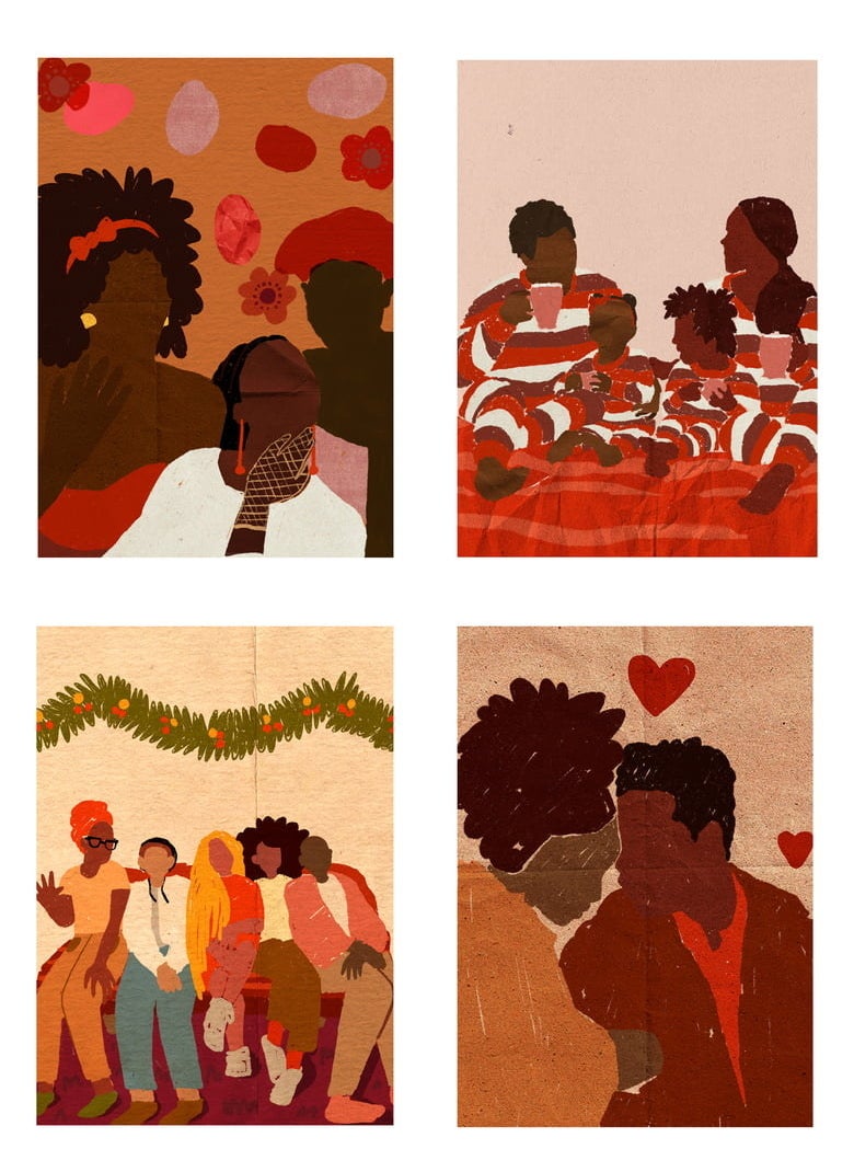 The four cards included in the set with illustrations of people enjoying the holidays