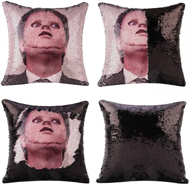 Four images of the pillow showing what it looks like when the sequins are flipped 