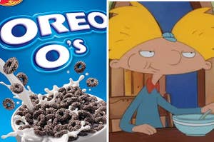 Oreo O's and Arnold from "Hey Arnold!" eating cereal