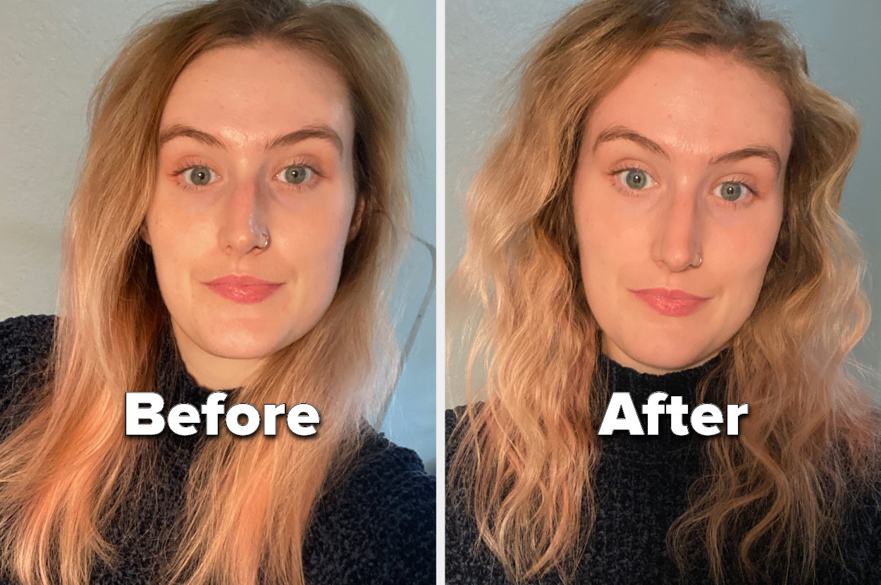 A photo of me looking at the camera with undone, straight hair with the text &quot;before&quot; and a photo of me looking at the camera with dramatic, zigzag waves and frizzy ends