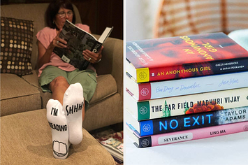 L: Reviewer wearing a pair of socks that say "Shhh!" and "I'm reading" on the feet R: A stack of books