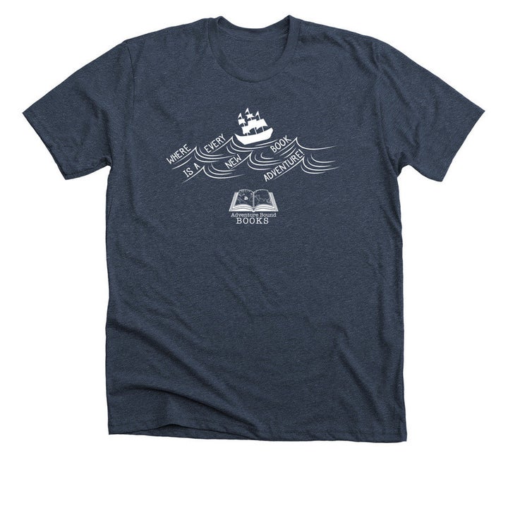 A tee with an illustration of a ship sailing on waves made from the words "where every book is a new adventure"