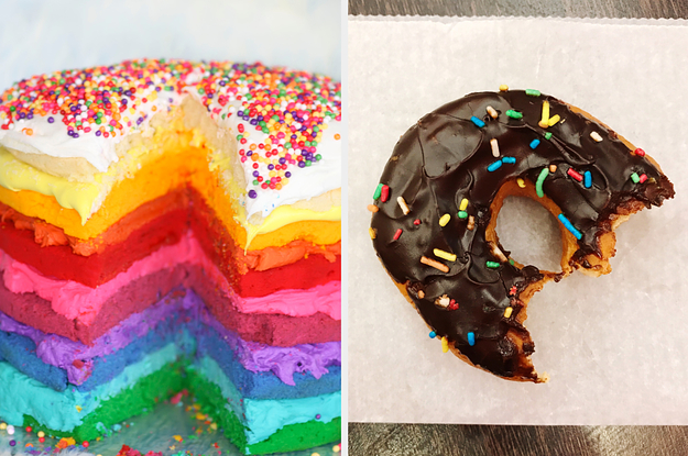 On the left, a layer cake topped with sprinkles, and on the right, a chocolate donut with sprinkles on top and bites taken out of it sitting on a piece of wax paper