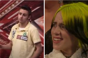 A contestant on the "X factor" next to a meme of Billie Eilish looking confused