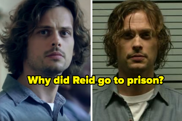 Two side by side photos of Spencer Reid in prison and getting a mugshot with caption, "why did reid go to prison?"