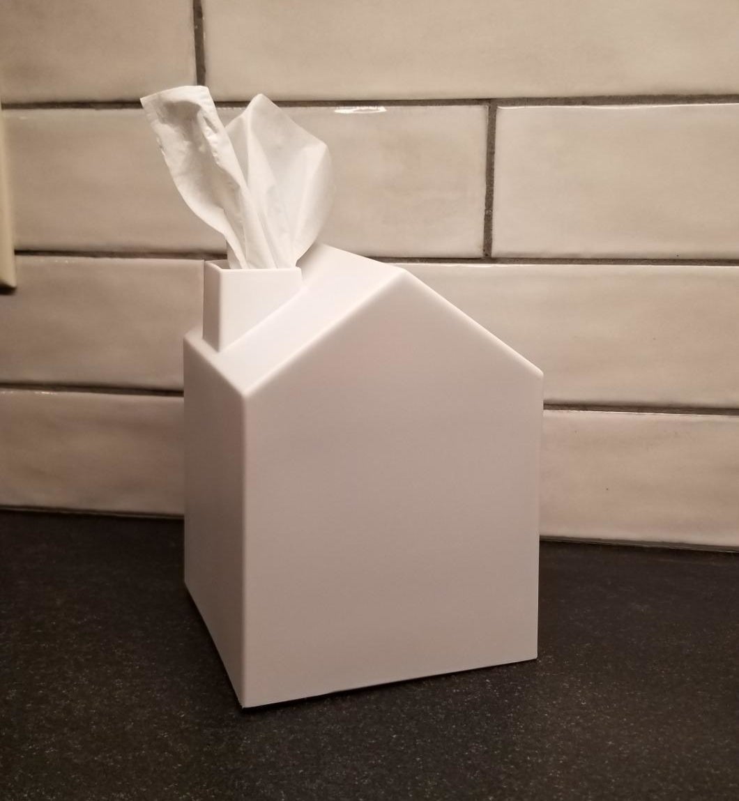 Reviewer&#x27;s white tissue box with a tissue coming out of the chimney