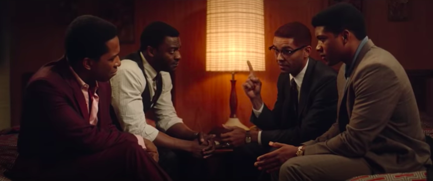 A screenshot of Aldis Hodge, Leslie Odom Jr., Eli Goree, and Kingsley Ben-Adir in character for &quot;One Night In Miami&quot;