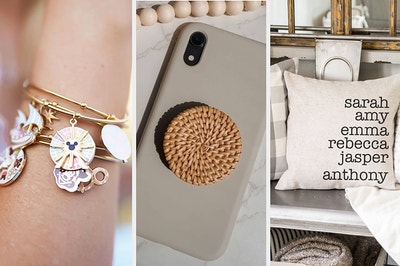 Left image: customizable bangle with charms, middle image: rattan phone stand, right image: customizable throw pillow cover