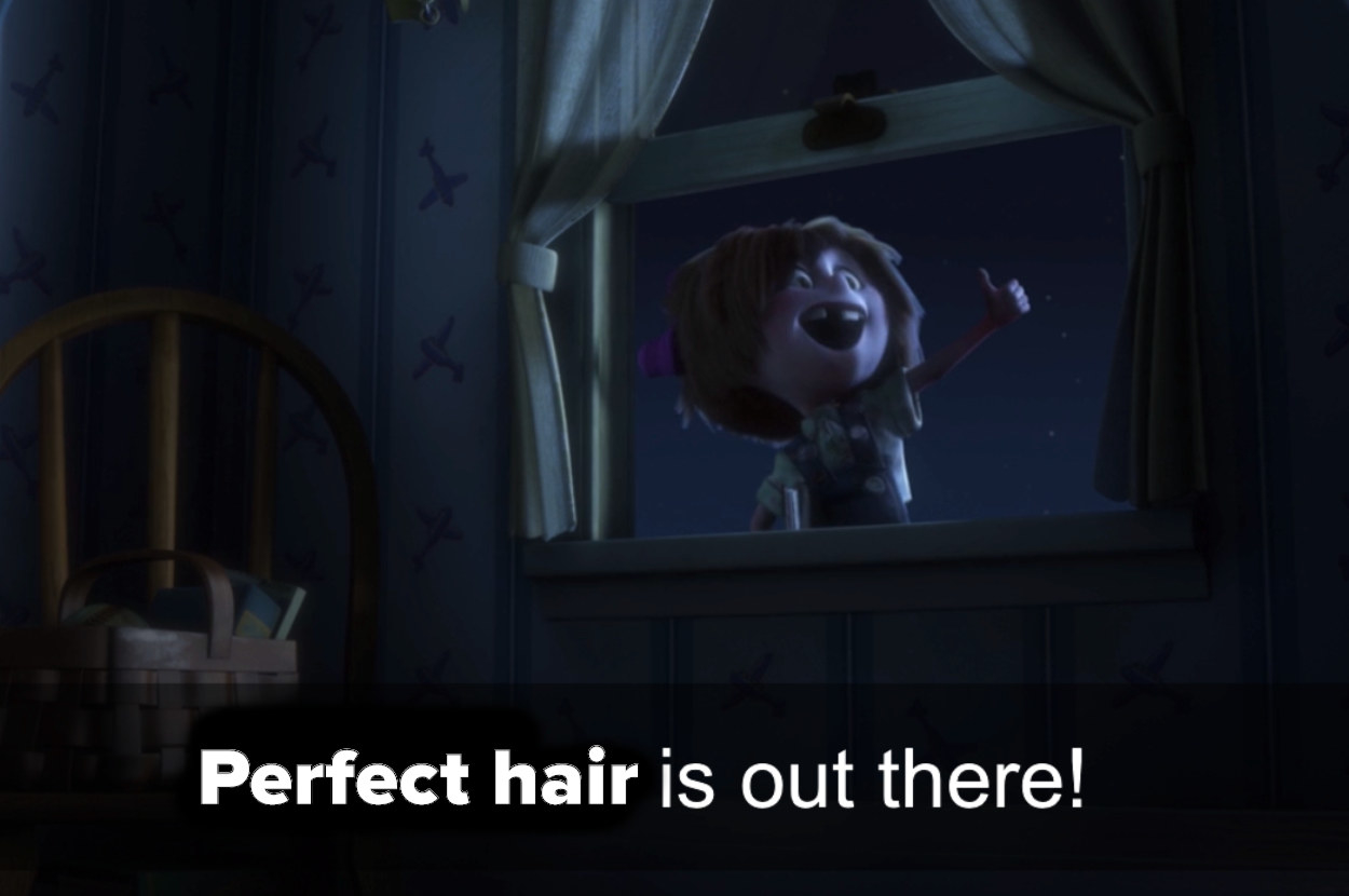 Ellie in Pixar&#x27;s Up screaming, &quot;Adventure is out there,&quot; but with the word &quot;adventure&quot; crossed out and replaced with the words &quot;perfect hair&quot;
