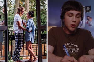 On the left, a couple standing outside of the porch wearing pajamas and smiling into each other's eyes, and on the right, Logan Lerman sings along to music he's hearing through his headphones as Charlie in "The Perks of Being a Wallflower"