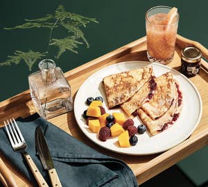 a breakfast spread on the tray 