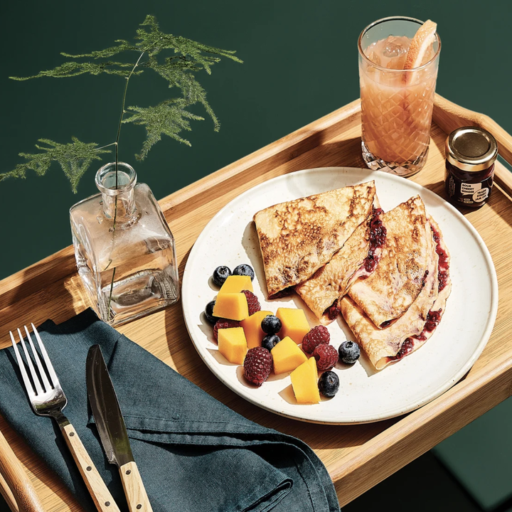 a breakfast spread on the tray