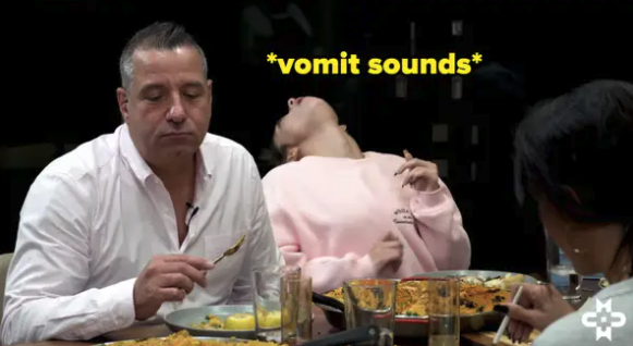 A screenshot from The D&#x27;Amelio&#x27;s video, showing Dixie leaning back and making vomit sounds after eating snail