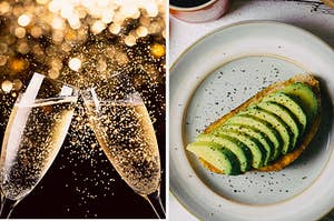 champagne glasses and avocado toast