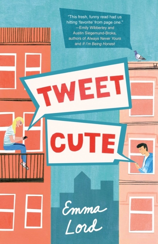 Cover of Tweet Cute by Emma Lord featuring an illustration of a girl and a boy in separate buildings looking at their phones