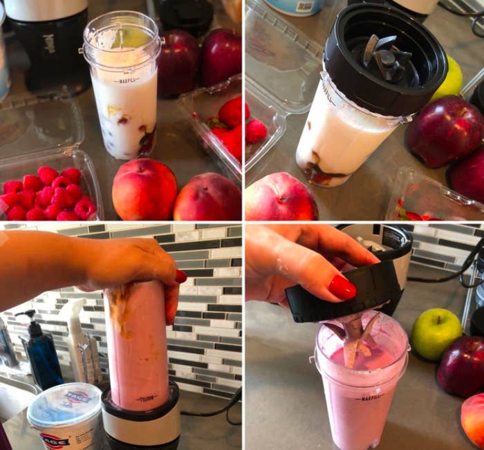 Step-by-step photos showing how to make a smoothie using the Ninja 