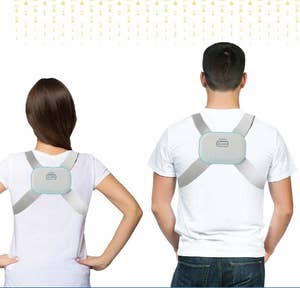 Two people pictured wearing the posture corrector.