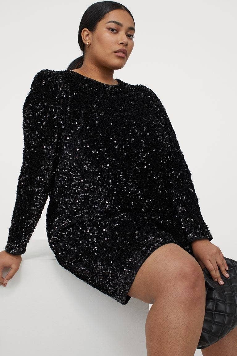 h&m puff sleeve sequin dress Black Sequin Women H&M Puff Sleeve Black Sequin