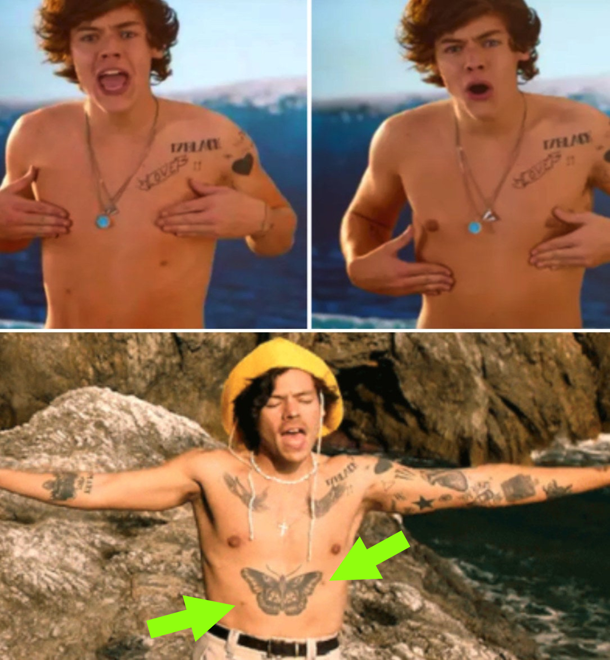 Harry Styles shirtless in the &quot;Kiss You&quot; music video for One Direction, covering his four nipples; Harry Styles wearing a fisherman&#x27;s hat while shirtless in the &quot;Golden&quot; music video