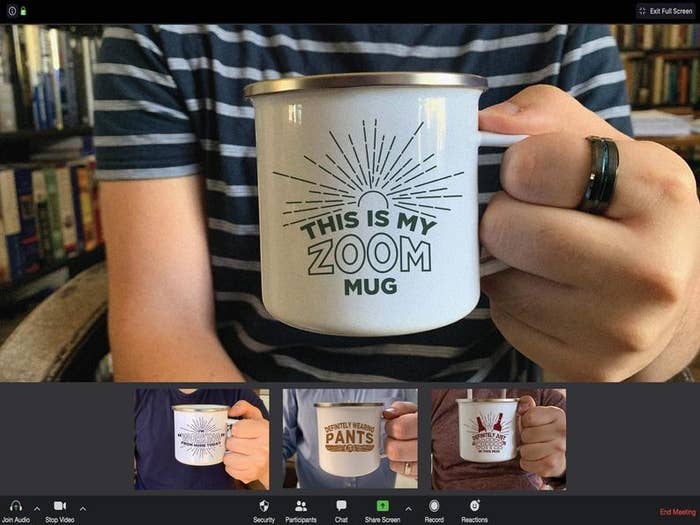 In a Zoom meeting set up, someone with a mug that reads &quot;this is my zoom mug&quot; is in the speaker position