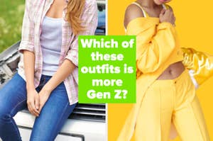 "Which of these outfits is more Gen Z?" with a picture of a girl in low-waist jeans and a plaid shirt, and a picture of a girl ina. monochrome outfit with a crop tank, loose jacket off teh shoulder, and pleated trousers
