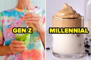 A tie-dye shirt labeled "Gen Z" and whipped coffee labeled "Millennial"