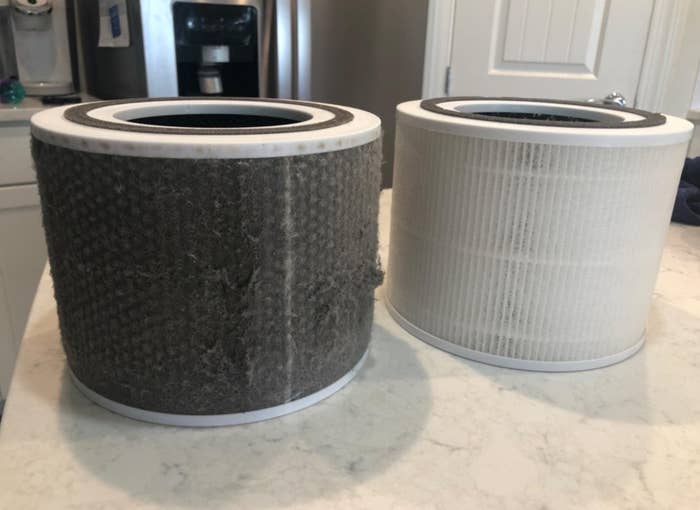 A clean filter and dirty filter side by side showing the air purifier&#x27;s cleaning power